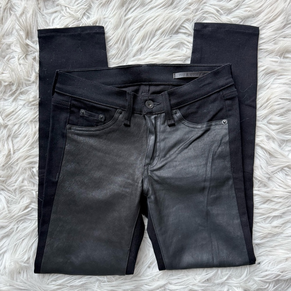 Rag & Bone Lamb Leather Front Panel Black Low Rise Jeans Pants Goth Biker 25